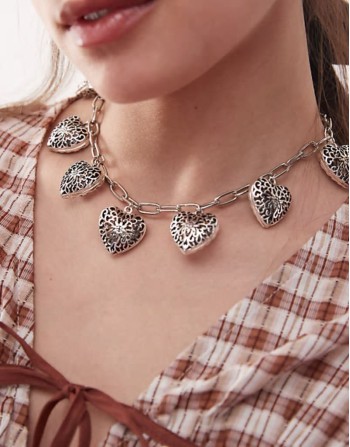 heart charm necklace in burnished silver