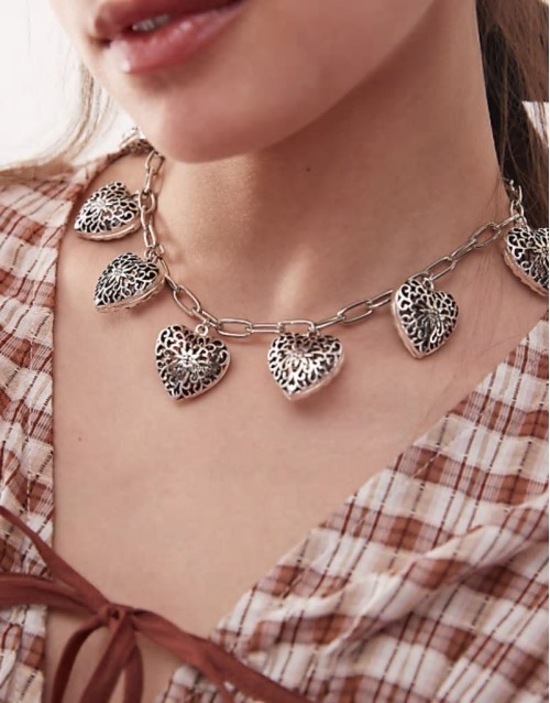 heart charm necklace in burnished silver