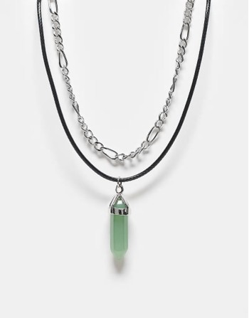 unisex 2 row necklace with faux green gem