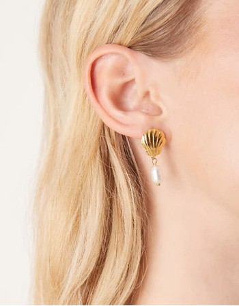 Lost Souls stainless steel 18ct gold plated shell and pearl drop earrings