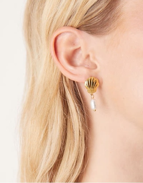 Lost Souls stainless steel 18ct gold plated shell and pearl drop earrings