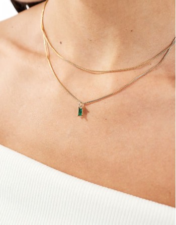 14k gold plated multirow necklace with emerald green charm with gift bag
