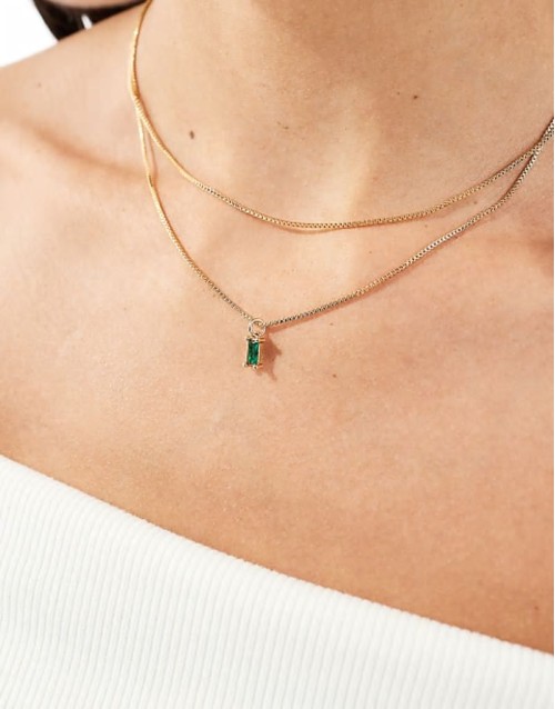 14k gold plated multirow necklace with emerald green charm with gift bag
