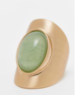 long ring with faux sage stone set in brushed gold