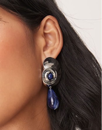 drop earrings in shell faux semi precious design with bead in silver tone