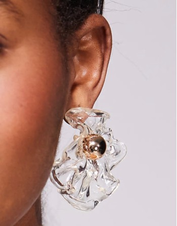 statement floral acrylic stud earrings in clear and 18ct gold plated