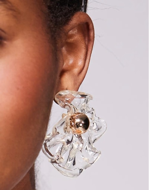 statement floral acrylic stud earrings in clear and 18ct gold plated