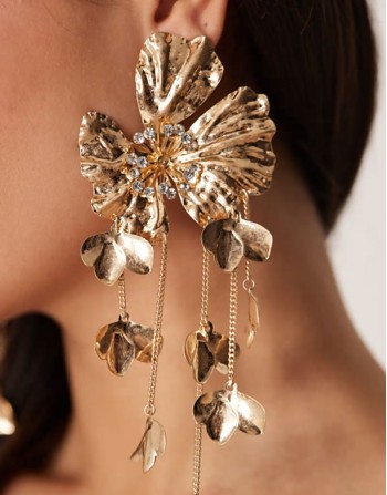 drop earrings in floral tassel design in gold tone