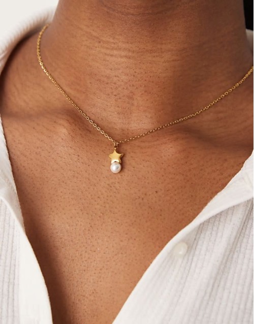 Lost Souls stainless steel 18ct gold plated star and pearl pendant necklace